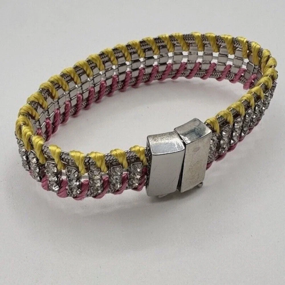 LOFT‎ Woven Rhinestone Cord Bracelet Silver Tone Pink Yellow Magnetic Clasp J-01